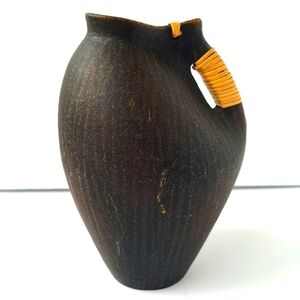 Handmade Terracotta Pottery Pitcher Brown Jug Rattan Wrapped Handle Philippines